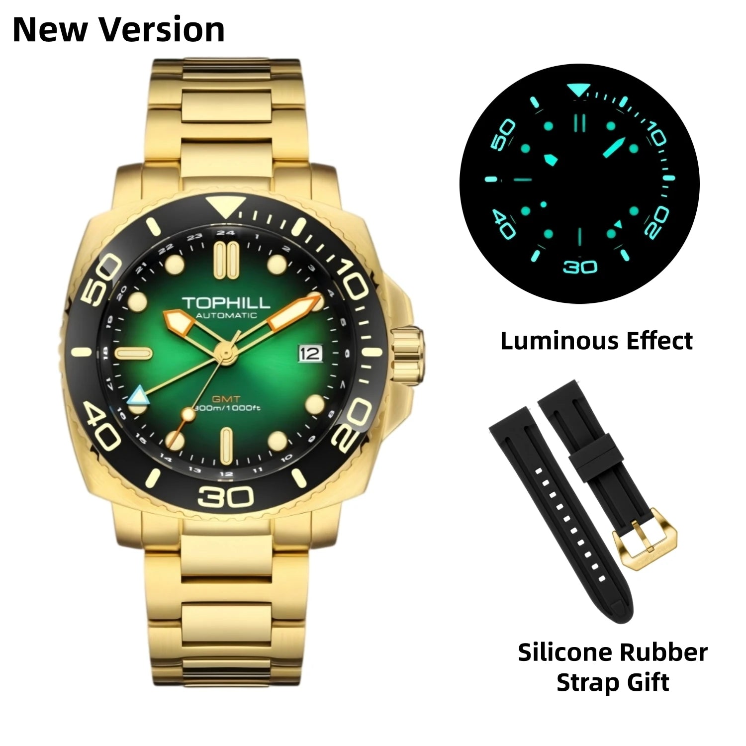 TOPHILL 43mm Men's Diving Watch NH34 GMT Automatic BGW9 C3 Luminous Quick Adjust Bracelet 300M Waterproof Sapphire Luxury TD012G