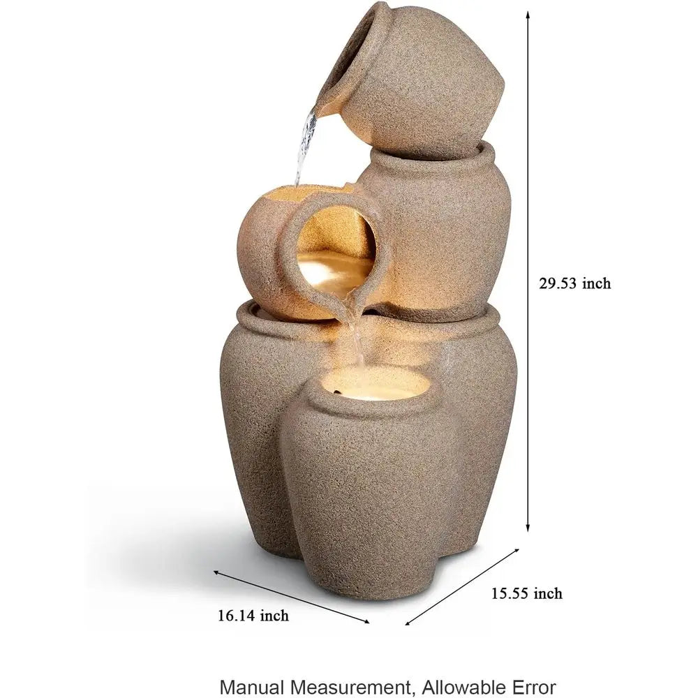 Eco-Friendly 3-Tier Cascading Jars Outdoor Water Fountain with LED Lights for Patio and Backyard Decor