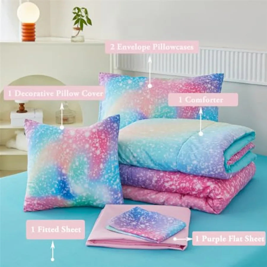Girls Comforter Set Colorful Rainbow Bed in A Bag for Girls 6 Pcs Ombre Galaxy Glitter Bedding Set