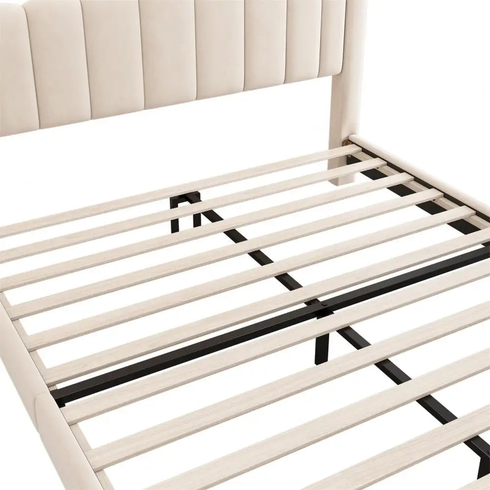 King Size Velvet Upholstered Platform Bed with Tall Headboard Slatted Frame Wingback Design Beige 180x200cm