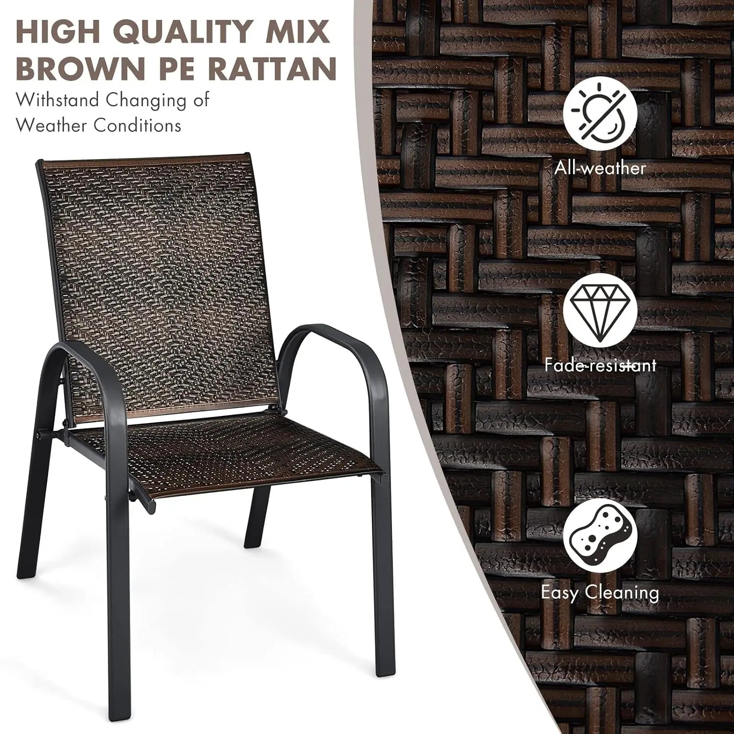 6 Pack Stackable Dining Chairs Outdoor PE Wicker Patio Arm Chairs with Rustproof Steel Frame, Bistro Deck Chairs, Customized