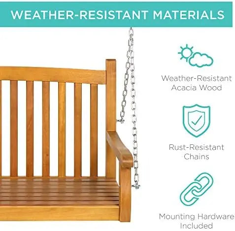 48in Wood Porch Swing Outdoor Patio Hanging Bench Chair Furniture for Deck, Garden, Yard w/Mounting Chains, Curved Back