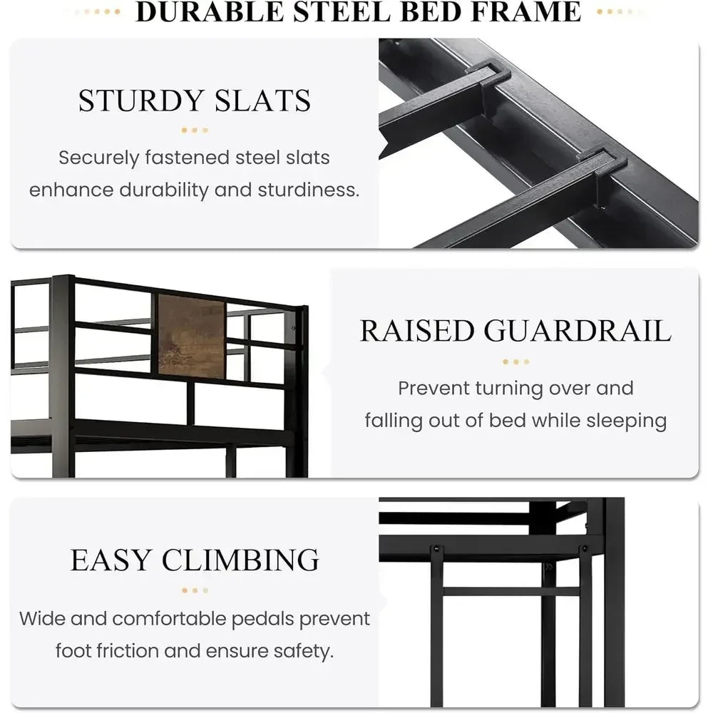 Twin Size Metal Bed Frame with Ladder, Rustic Style, No Box Spring Needed, Space-Saving for Bedrooms or Dorms