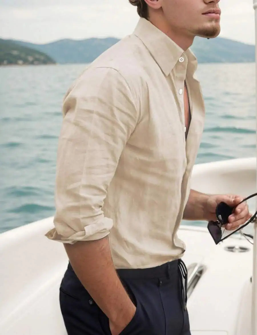 Mens Cotton Linen Button Down Shirt Solid Color Casual Long Sleeve Beach Shirt