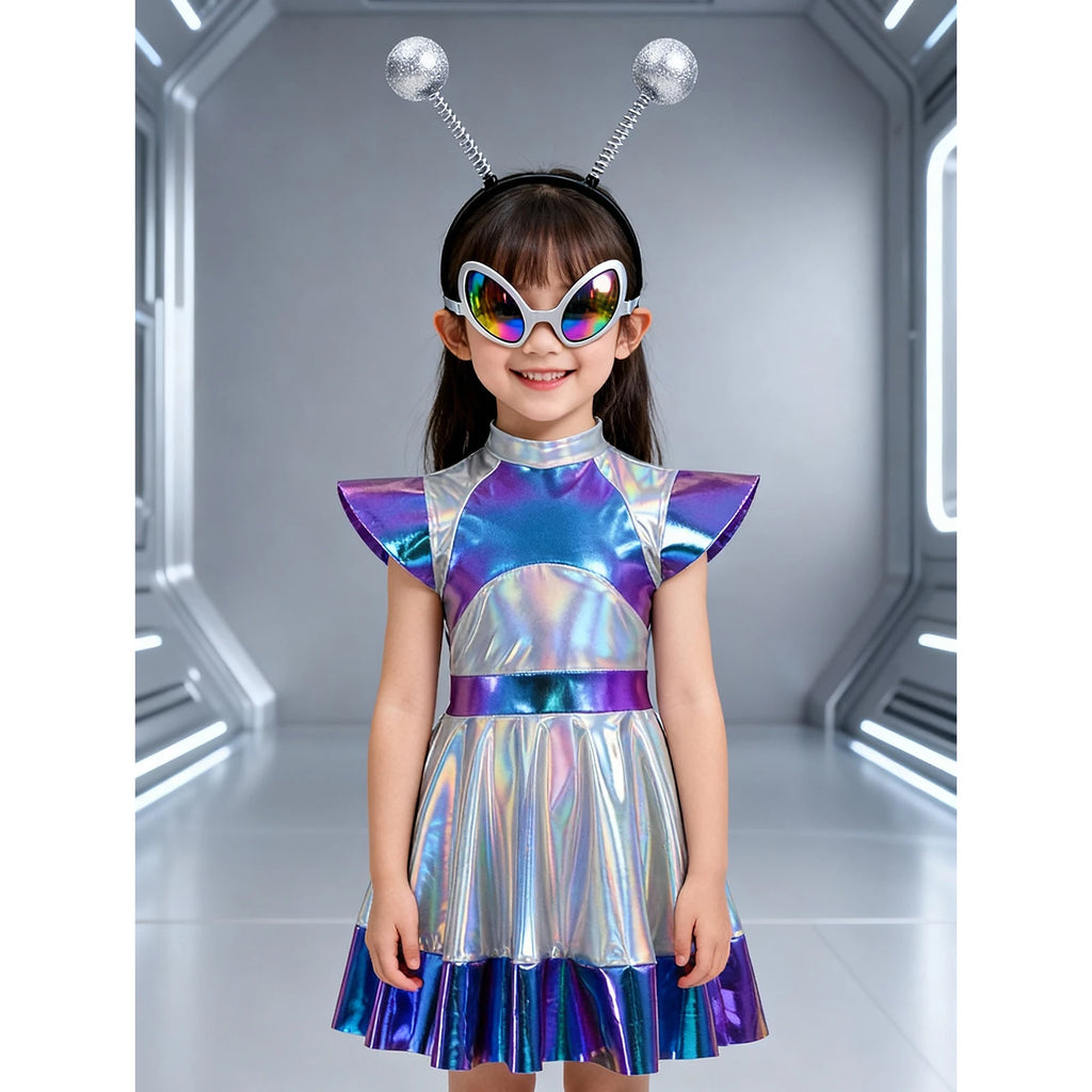 Toddler Baby Girls Alien Costume Dress Kids Shiny Metallic Space Themed Party Dress with Headband Glasses for Halloween Cosplay