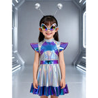 Toddler Baby Girls Alien Costume Dress Kids Shiny Metallic Space Themed Party Dress with Headband Glasses for Halloween Cosplay