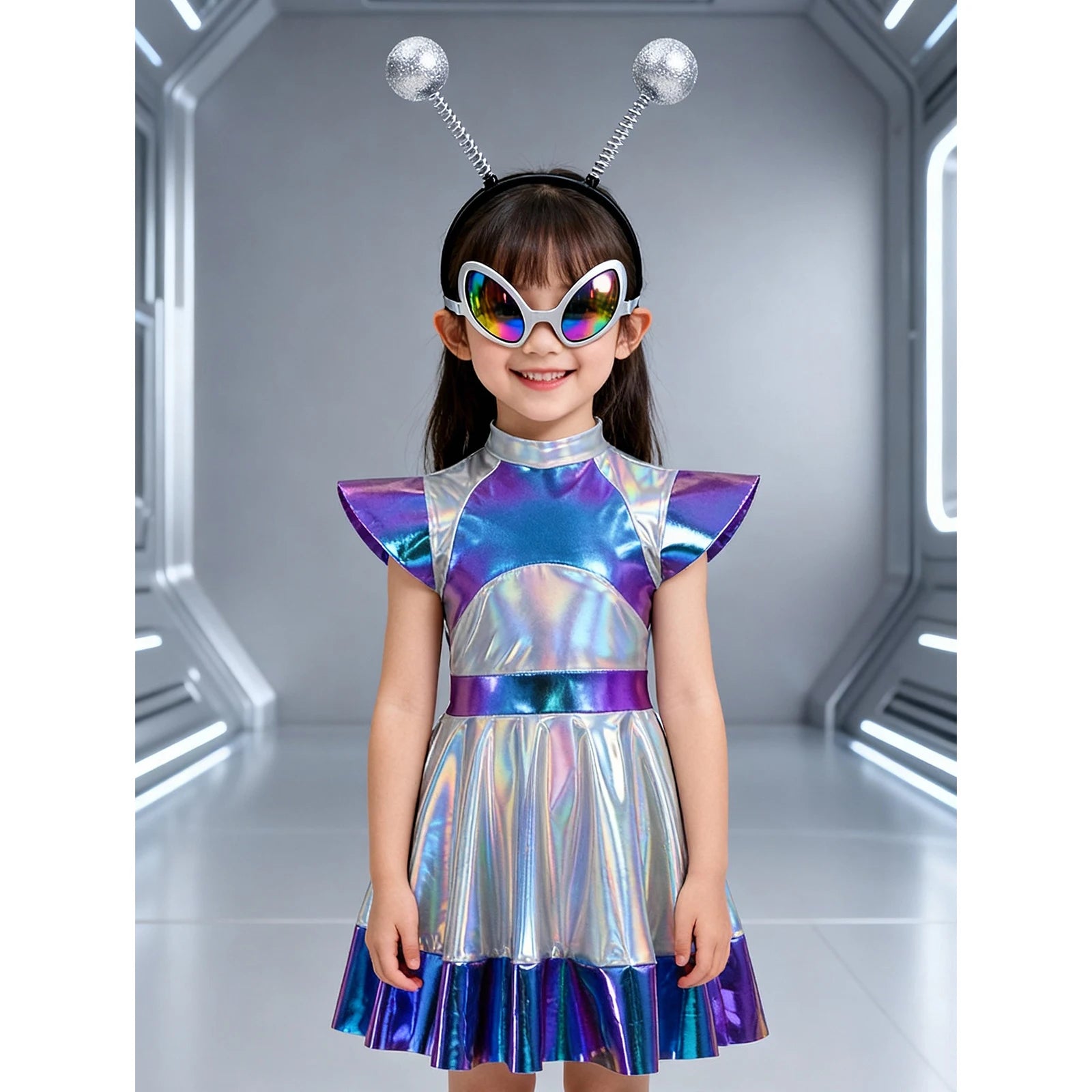 Toddler Baby Girls Alien Costume Dress Kids Shiny Metallic Space Themed Party Dress with Headband Glasses for Halloween Cosplay