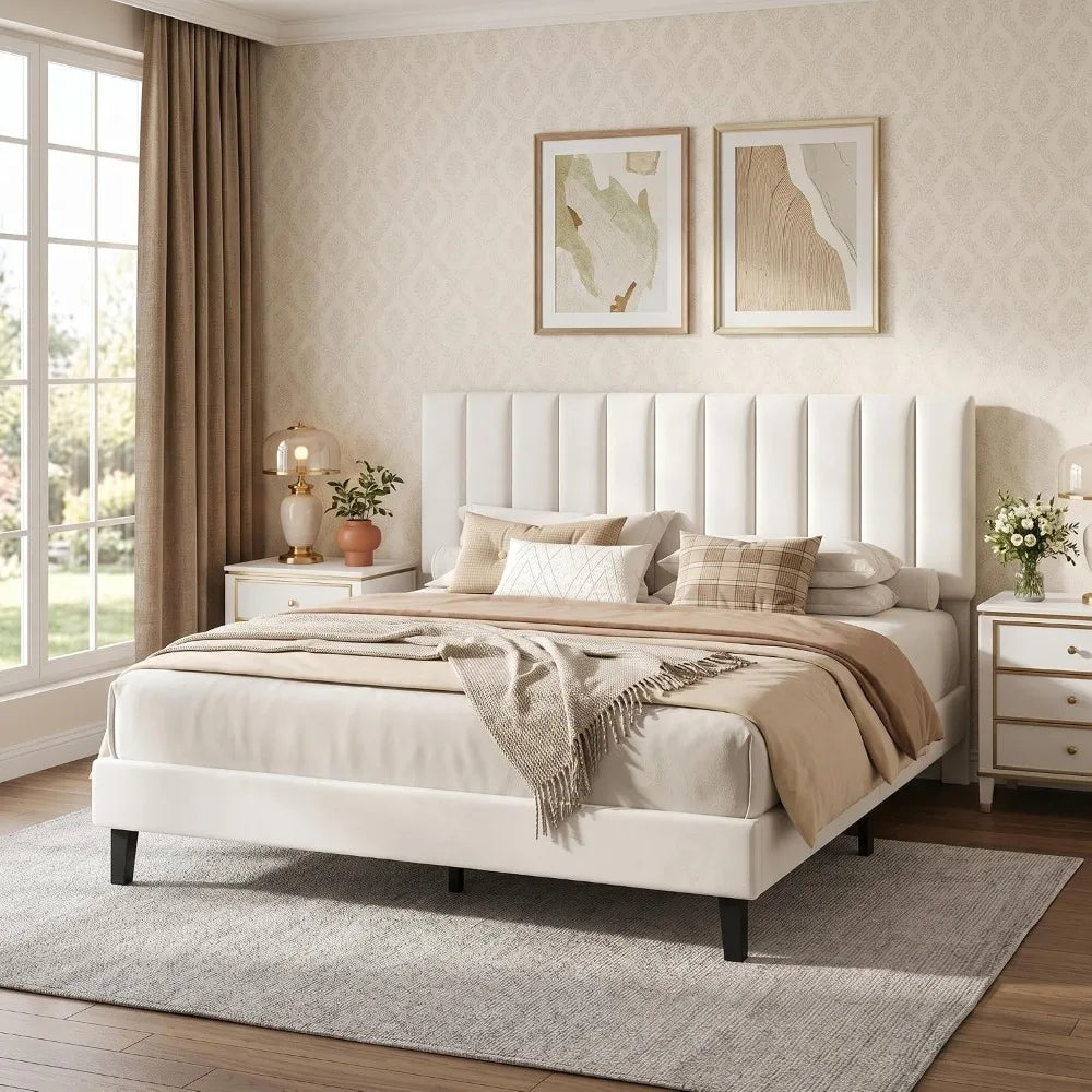 Queen Size Platform Bed Frame with Upholstered Headboard, Velvet, Height Adjustable, No Box Spring Needed, Easy Assembly