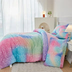 Girls Comforter Set Colorful Rainbow Bed in A Bag for Girls 6 Pcs Ombre Galaxy Glitter Bedding Set