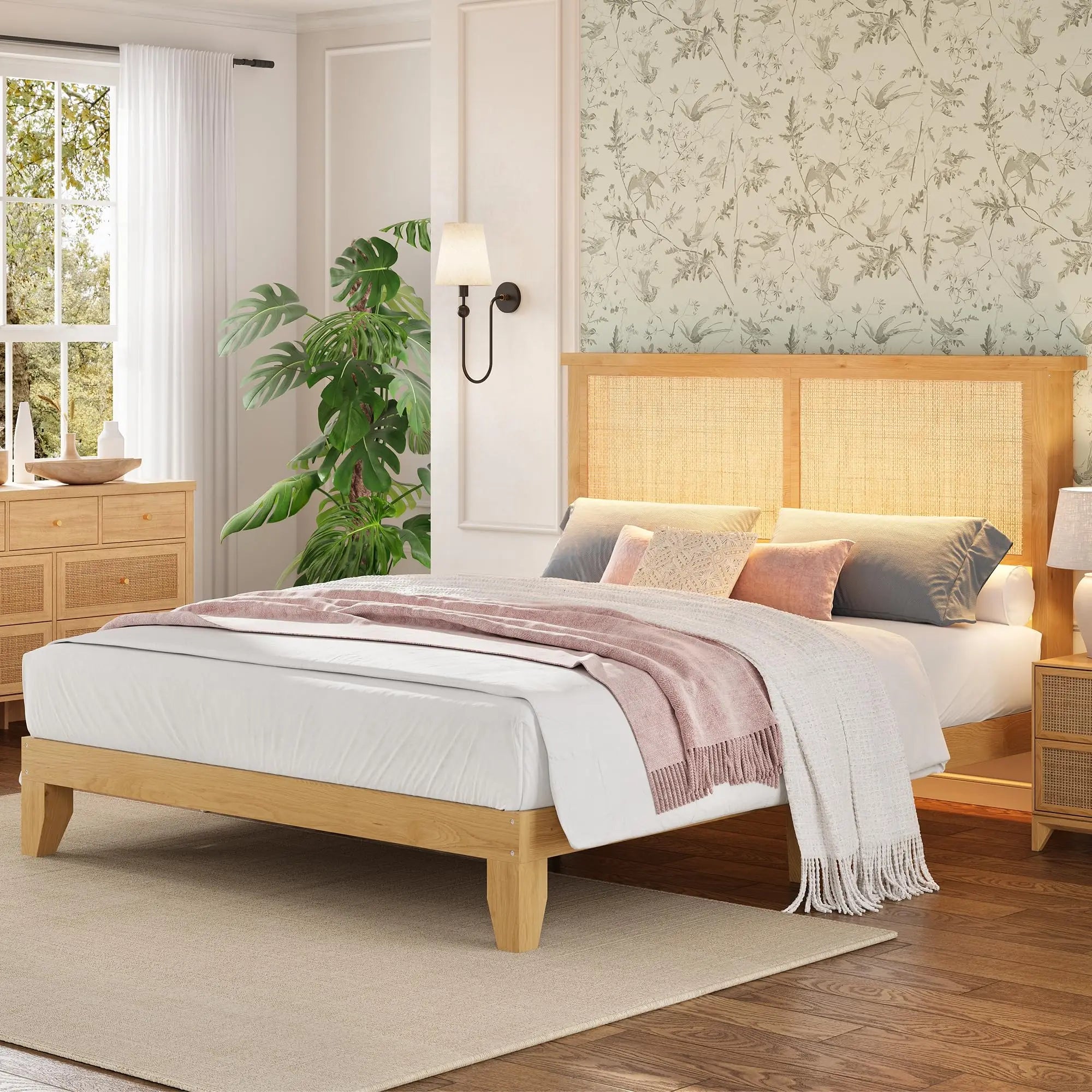 Queen Size Rattan Bed Frame with LED Lights, Boho Platform Bed with Rattan Headboard, Wooden Slats Support, No Box Spring Needed, Noise-Free, Easy Assembly, for Bedroom