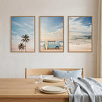 Set of 3 Framed Coastal Seaside Canvas Wall Art Prints 16 X 24 Inch Each, Blue Sky Palm Tree Surfboard Summer Van Bus Ocean Beach Artwork for Living Room Bedroom Dining Room Indoor Wall Decor
