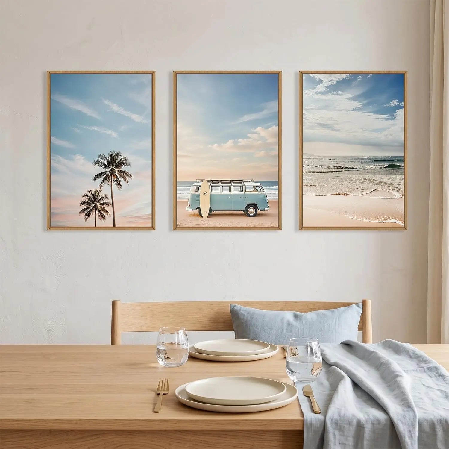 Set of 3 Framed Coastal Seaside Canvas Wall Art Prints 16 X 24 Inch Each, Blue Sky Palm Tree Surfboard Summer Van Bus Ocean Beach Artwork for Living Room Bedroom Dining Room Indoor Wall Decor