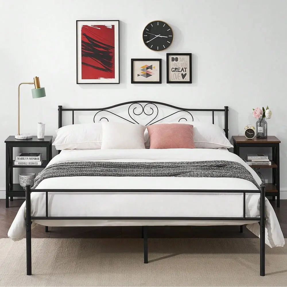 Twin Full Queen Metal Bed Frame With Headboard 1800lbs NoiseFree Steel Platform, 13 Underbed Storage Industrial Chic Design, No