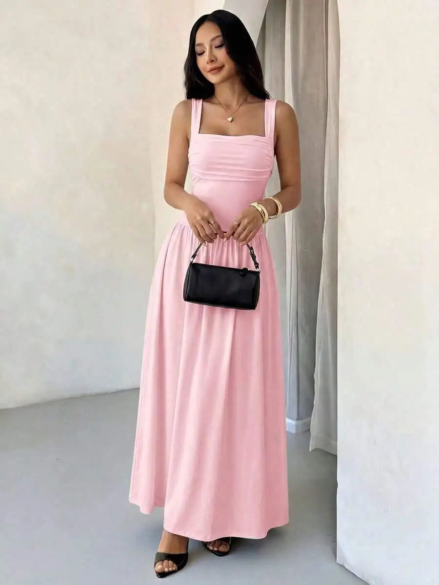 Womens Elegant White Square Collar Sleeveless Maxi Dress With Shirred Body