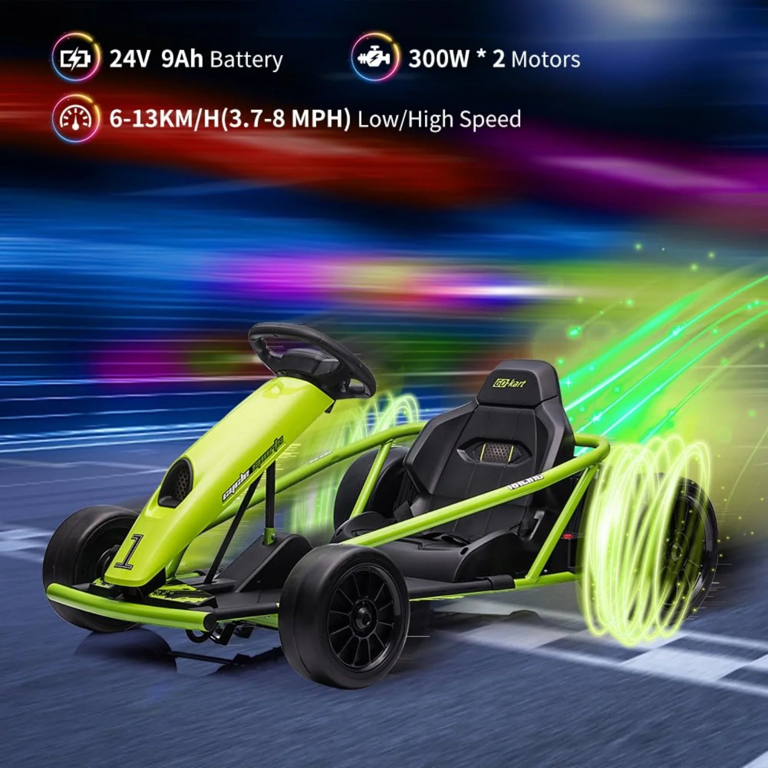 24V Electric Ride-On Go Kart for Kids – Dual 300W Motors, 8MPH High-Speed Drifting, Slow Start, Music & Horn, Max Load 175lbs, Outdoor Four-Wheel Racing Toy, Gift for Ages 8-12