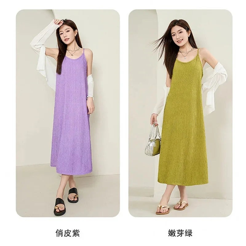 Original Black White Chiba Pleated Suspender Slimming Dress Women Casual Loose Drooping All-Match Dress