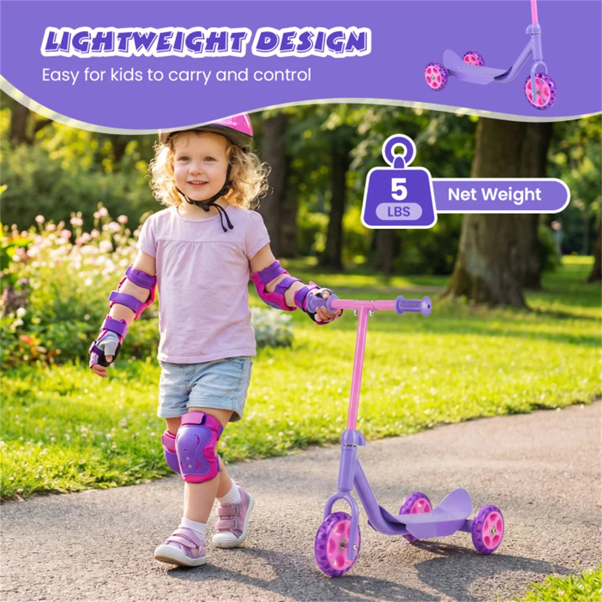 3-Wheel Toddler Scooter with LED Light-Up Wheels for Beginners Age 2+