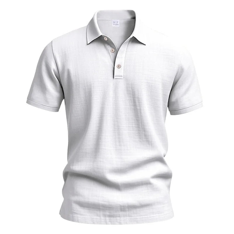 Men White Textured Linen Short Sleeve Polo Shirt Classic Lapel Collar 3 Wooden Buttons Loose Oversized Breathable Summer Beach Vacation Casual Holiday Top