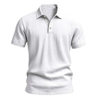 Men White Textured Linen Short Sleeve Polo Shirt Classic Lapel Collar 3 Wooden Buttons Loose Oversized Breathable Summer Beach Vacation Casual Holiday Top