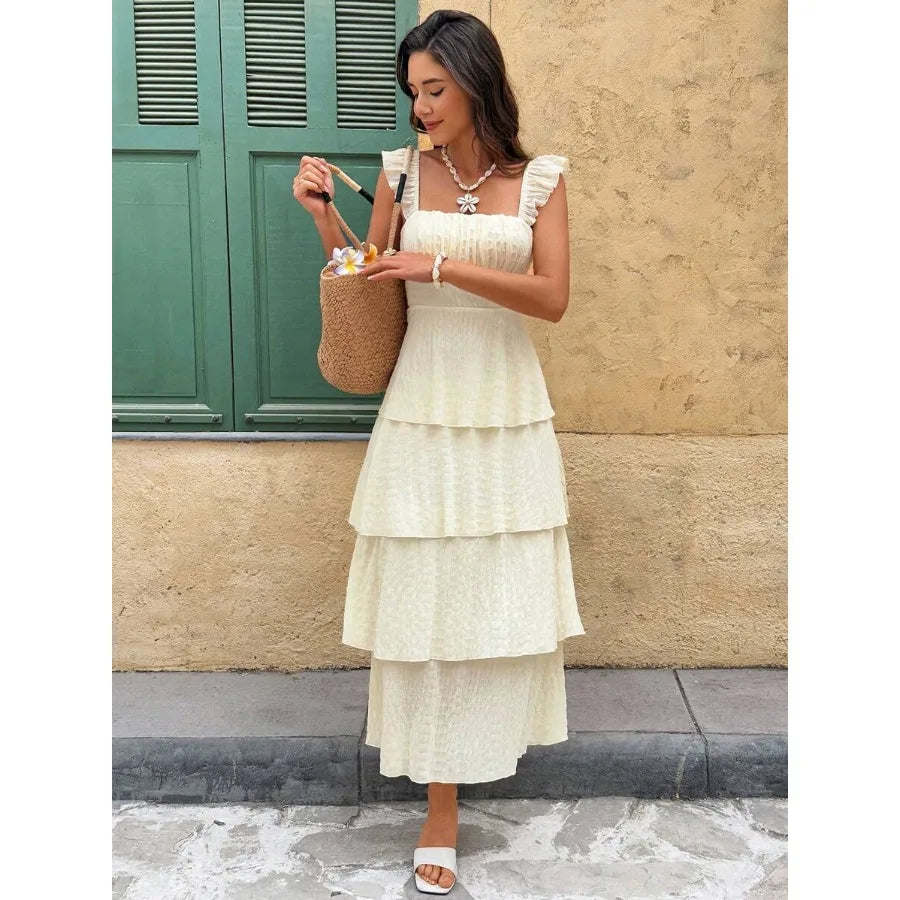 Women's French Elegant Cream White Summer Pleated Dress,Small Flying Sleeves Tropical Vacation Holiday Sundress,Tea Party Weddin