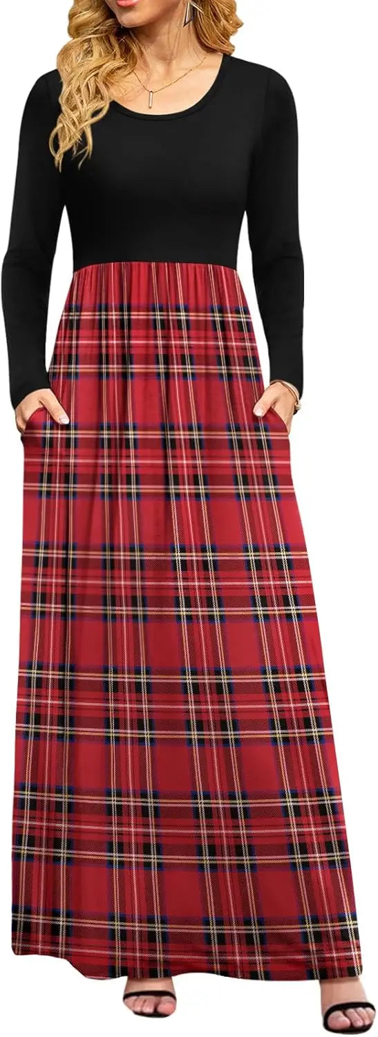 Women Casual Long Sleeve Maxi Dresses Empire Waist Long Dress with Pockets