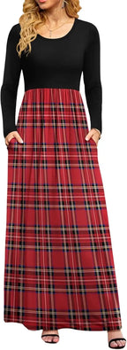 Women Casual Long Sleeve Maxi Dresses Empire Waist Long Dress with Pockets