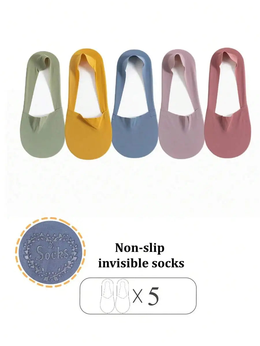 5 Pairs Women Breathable Thin Invisible Non-Slip Sweat Absorbent Boat Socks Summer