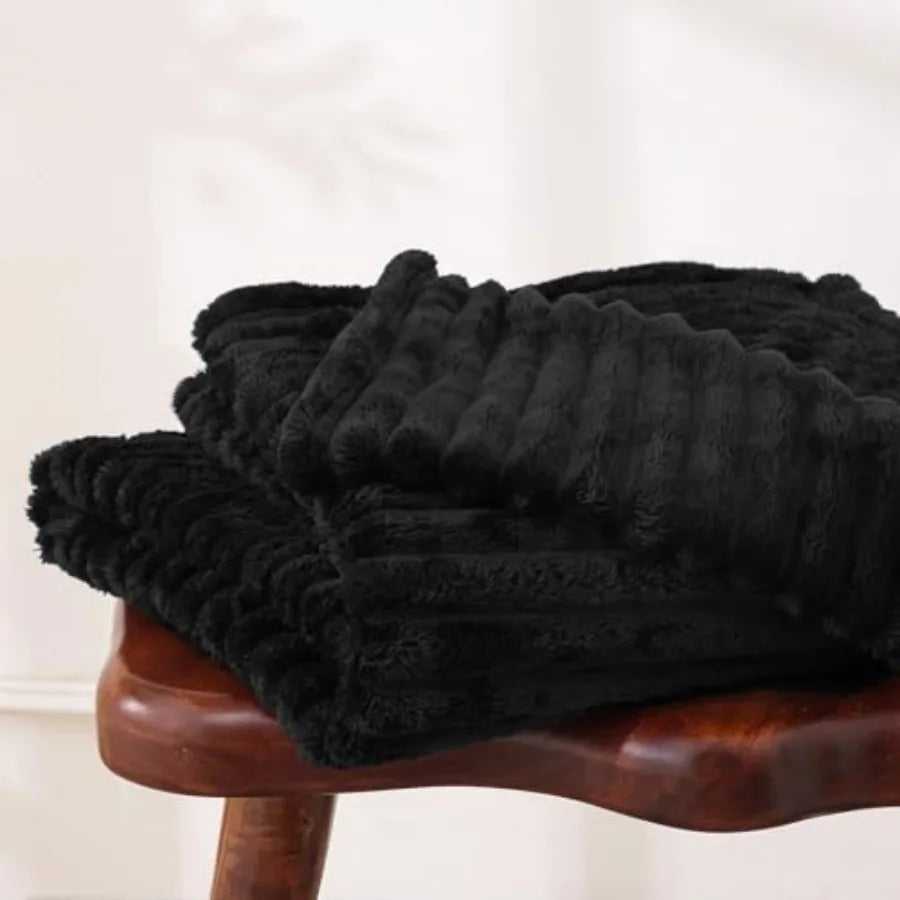 Black Fleece Throw Blanket 50"×60" for Couch Sofa Bed, Super Soft Cozy Plush Microfiber Flannel Blanket with Stripes Design Lig