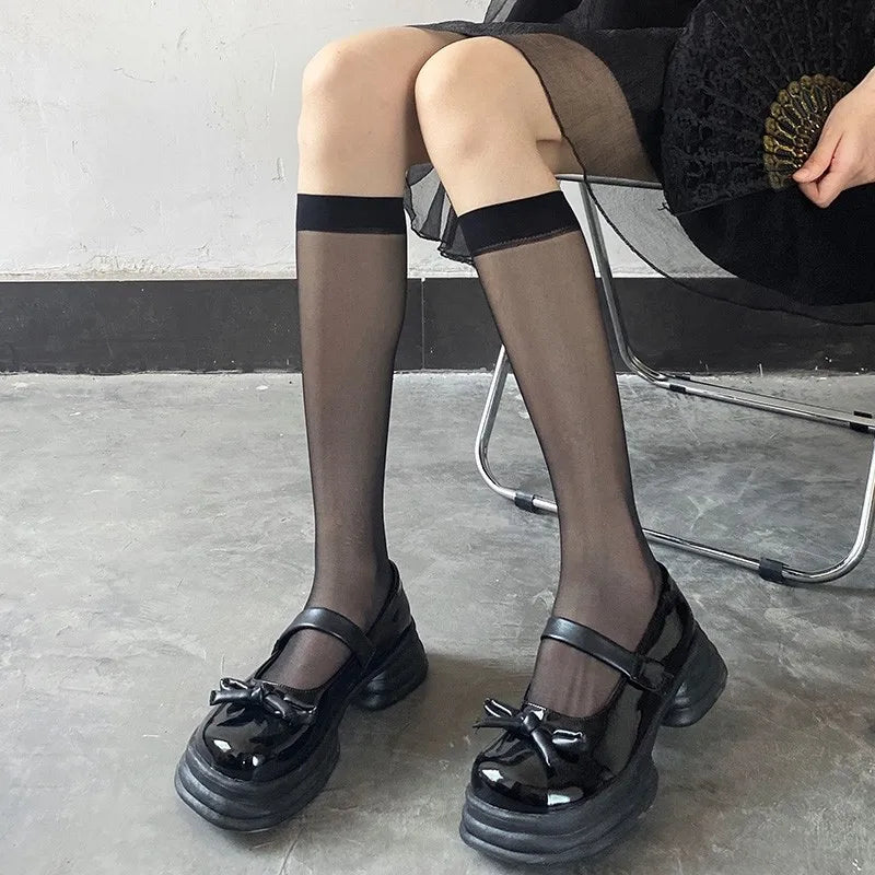 Black Nylon Mesh Stockings Summer Ultra-thin Transparent Knee High Socks Japanese Style School Girls Black White Socks Stockings
