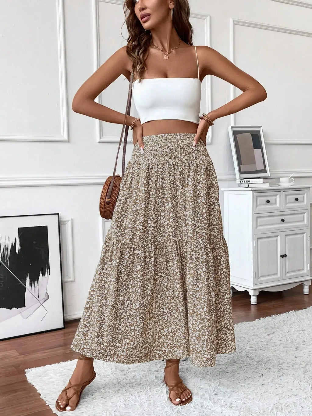 Womens Ditsy Floral A-Line Skirt With Pockets Elastic Waist Ruffle Hem
