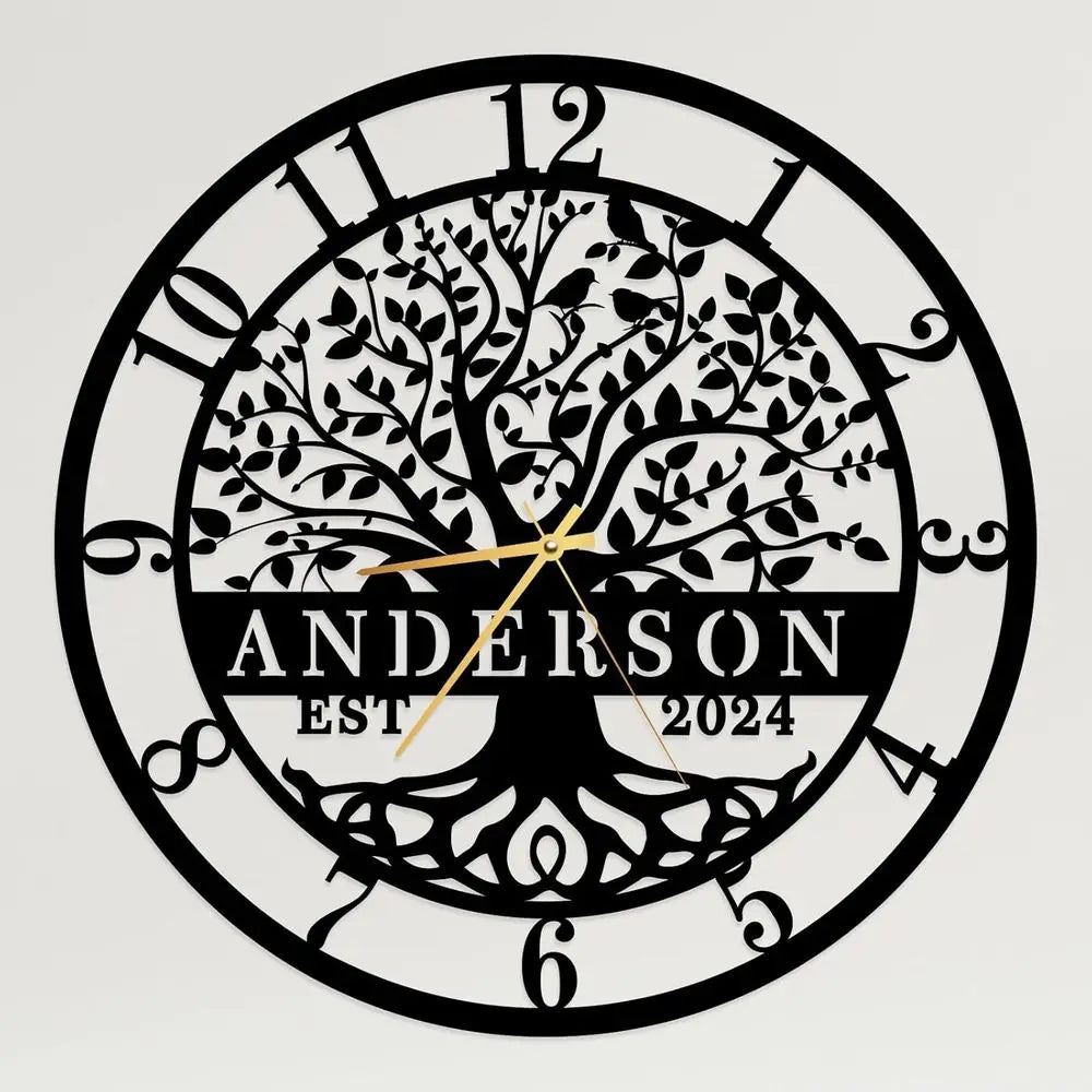 Custom Engraved Family Tree Metal Wall Clock - Personalized Name Wall Art, Large Home Decor for Housewarming or Wedding Gifts
