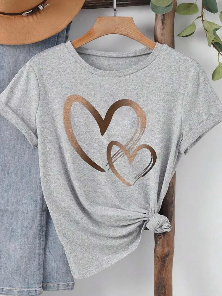 Summer New Fashion Women's Heart Printed T-shirt Trendy Casual Round Neck Top Short Sleeves Women T-shirt