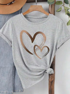Summer New Fashion Women's Heart Printed T-shirt Trendy Casual Round Neck Top Short Sleeves Women T-shirt
