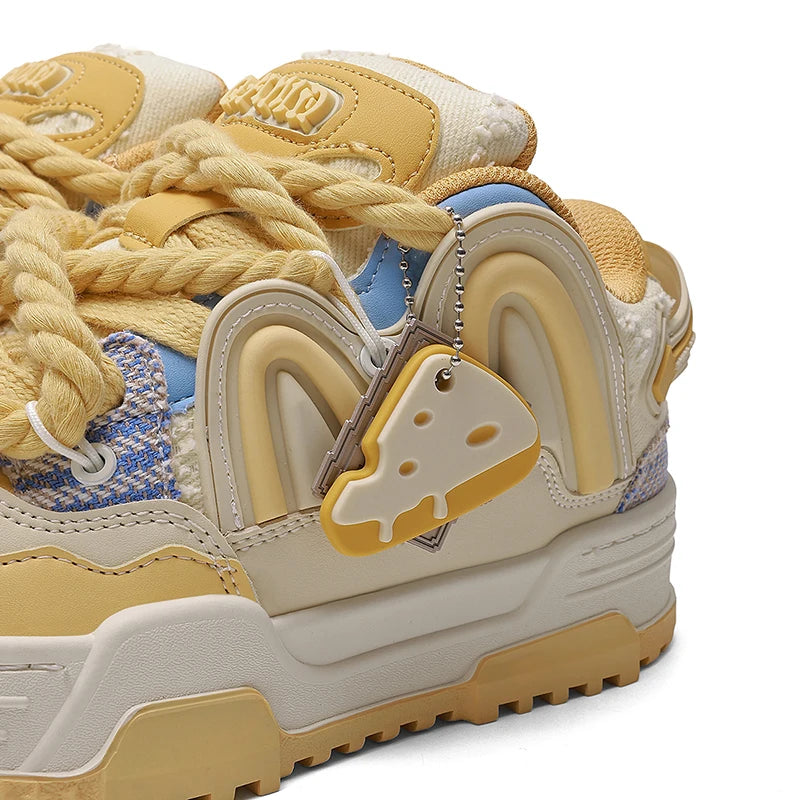 Q-AND Women Kawaii Cheese Yellow Chunky Platform Skate Sneakers with Cheese Pendant, Thick Height Increasing Sole Casual Walking Shoes, Wear Resistant Non Slip Rubber Outsole Cute Streetwear Footwear