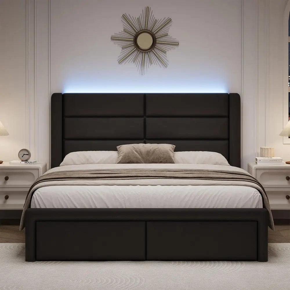 Upholstered Bed Frame with Headboard and LED Lights, Modern Faux Leather Bed Frame with Wooden Slats Support and Heavy Duty Mat
