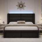 Upholstered Bed Frame with Headboard and LED Lights, Modern Faux Leather Bed Frame with Wooden Slats Support and Heavy Duty Mat