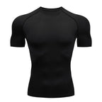 Summer Men Athletic Tight Short Sleeve Compression T Shirt Elastic Polyester Quick Dry Breathable Running Fitness Training Base Top