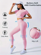 Workout Sets Outfits for Women – Yoga Leggings with Short Sleeve Crop Top, Slim Fit Tummy Control Butt Lifting Waist Shaping, Seamless Ribbed Texture, Breathable Soft Fabric, Non-Pilling, Perfect for Fall Winter Gym Yoga Ru