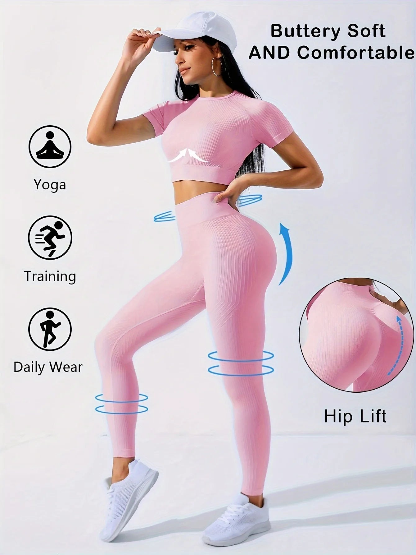 Workout Sets Outfits for Women – Yoga Leggings with Short Sleeve Crop Top, Slim Fit Tummy Control Butt Lifting Waist Shaping, Seamless Ribbed Texture, Breathable Soft Fabric, Non-Pilling, Perfect for Fall Winter Gym Yoga Ru