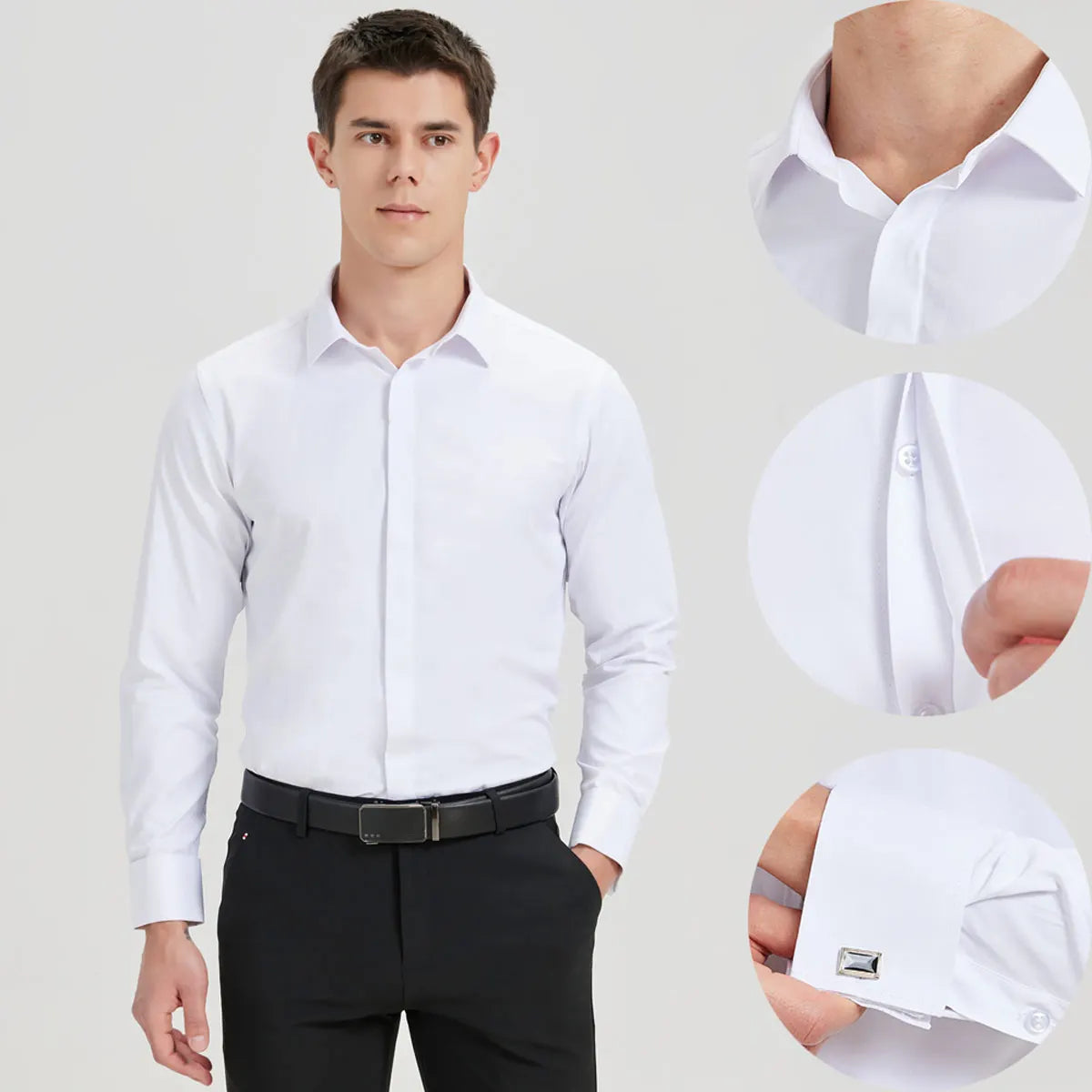 Men's Formal French Cuffs Dress Shirts Hidden Button Front Long Sleeve Tuxedo Shirt Random Metal Cufflinks
