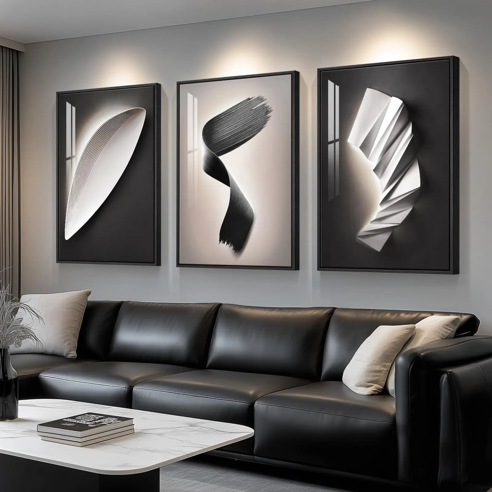 Large Framed Modern Wall Art for Living Room, 3 Piece Black and White Abstract Contemporary Pictures Artwork Decor, Geometric Luxury Bright Style Prints Paintings for Hallway and Office 24x36 Inch