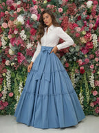 Maxi Skirt High Waist Bow Tiered Ruffle Flared Swing Long Skirt Outfit For Women Party Wedding Guest Elegant Wear