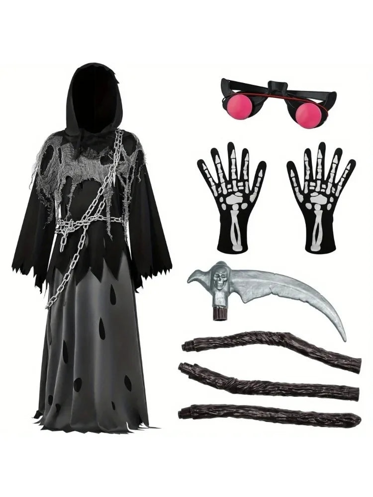 Halloween Costume Glowing Eyes Grim Reaper Costume for Kids 5-12 years Boys Halloween Dress-up Party