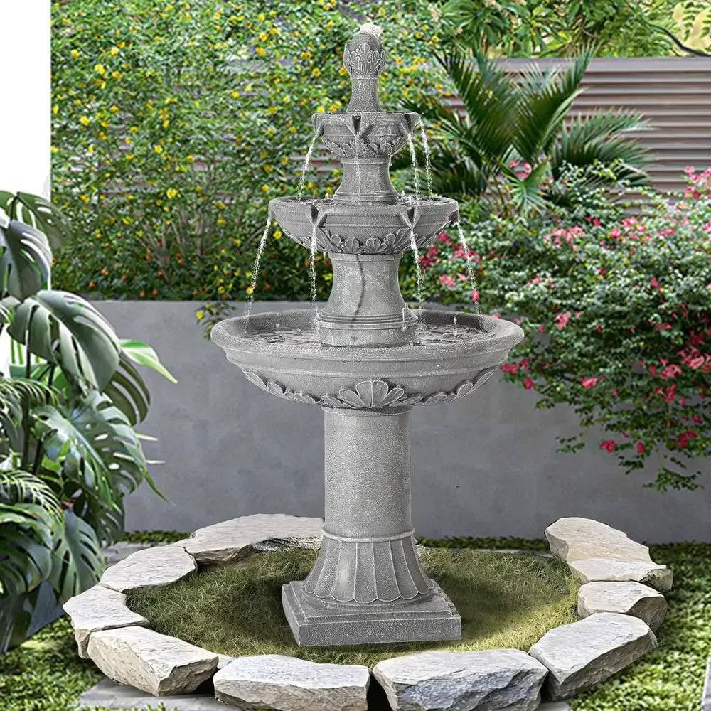 3-Tier Outdoor Water Fountain with Pump & Pine Top, 48.4 Tall Large Pillar Waterfalls for Indoor or Outdoor, Deck Patio Garden F