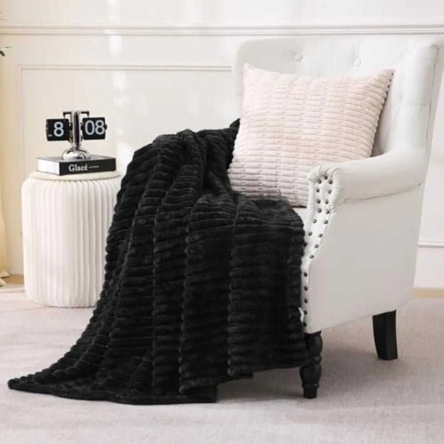 Black Fleece Throw Blanket 50"×60" for Couch Sofa Bed, Super Soft Cozy Plush Microfiber Flannel Blanket with Stripes Design Lig