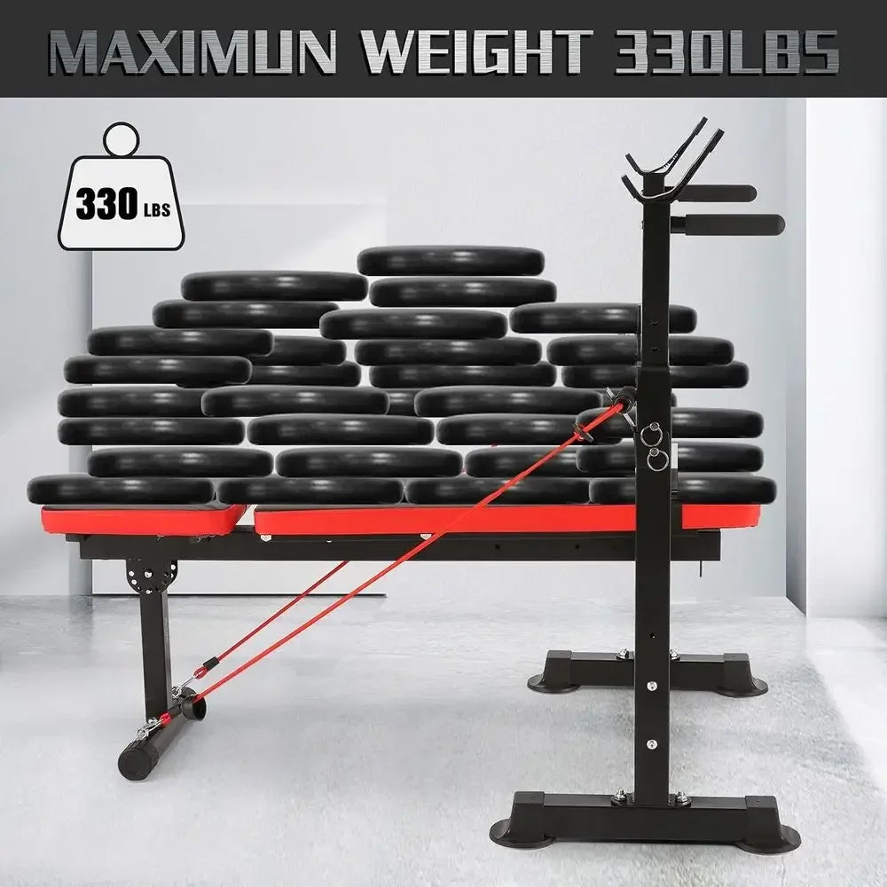 Red Adjustable Folding Weight Bench for Full Body Workouts with Bar Rack - Home Gym Equipment