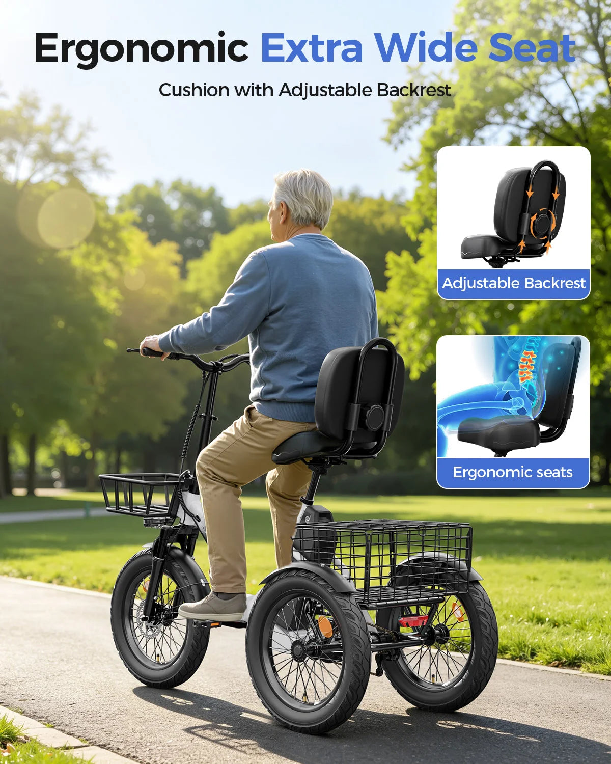 Spacewalk Electric Trike for Adults 1200W Peak Motor, 48V 15Ah Fat Tire 3 Wheel Electric Bike, 60 Miles Long Range Folding Cargo E Bike with Rear Basket, Adjustable Backrest Seat for Seniors-White
