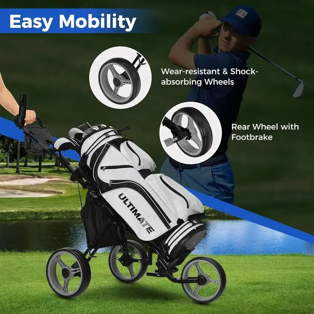 Portable 3-Wheel Golf Cart with Adjustable Seat, Trolley Bag, Scorecard, Umbrella, and Cup Holders, Storage, and Foot Brake