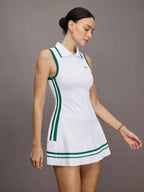 Preppy Style Sleeveless Polo Golf Tennis Dress - Women Summer Stretchy Tennis Skirt with Collar, Elegant Green Stripe A-Line Mini Dress for Golf Vacation