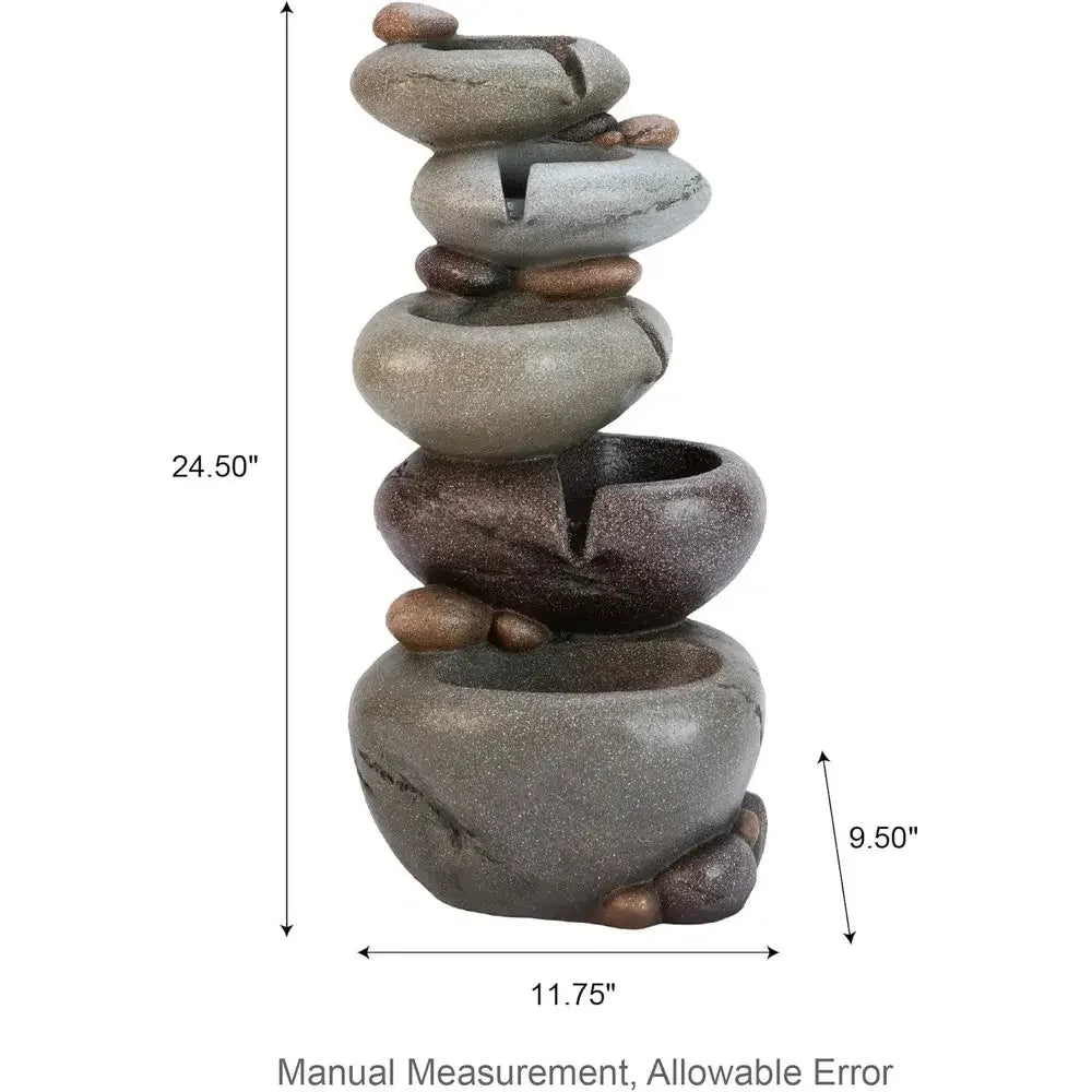 5-Tier Stacked Pebble Outdoor Water Feature with LED Lights and Pump, 24.5 Zen-Style Polyresin Fountain for Garden, Patio, Yard